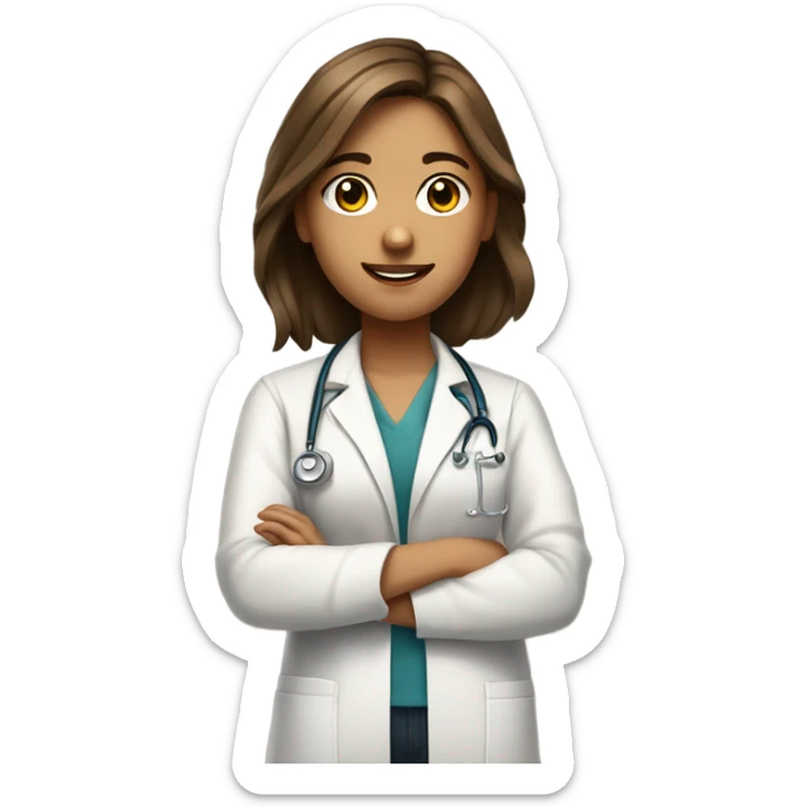 a full body medical student with arms crossed talking 20 years old girl student tan skin, brown hair sticker