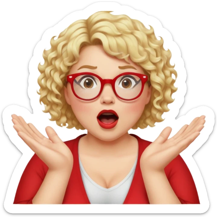 A blonde woman with short curly hair, slightly overweight, wearing red-framed glasses, shouting with hands cupped around her mouth sticker