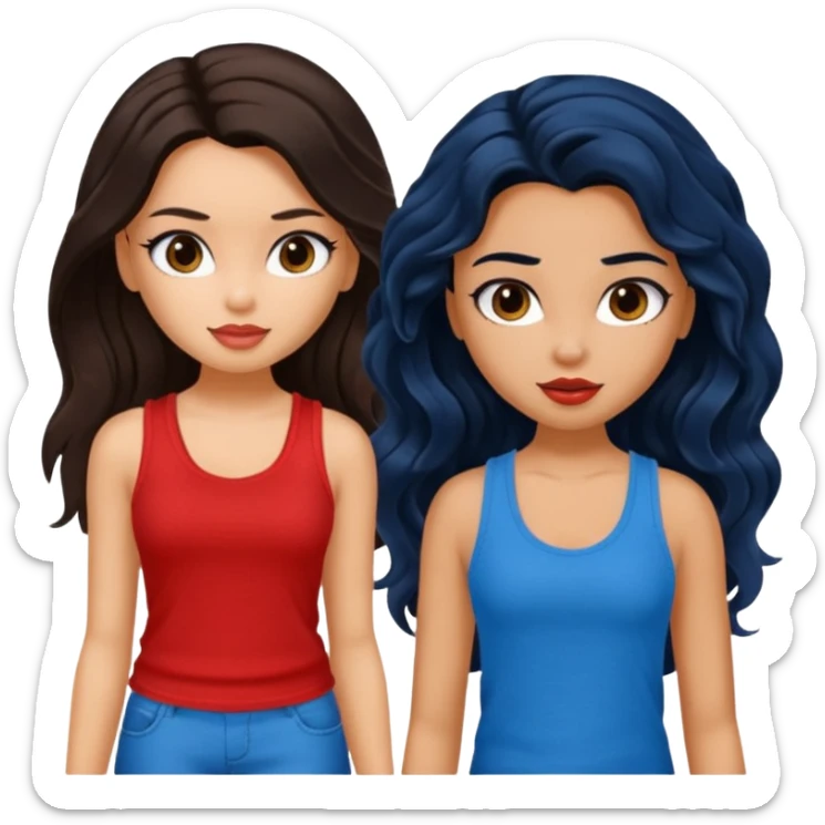 generate a pretty tan bratz girl with brown wavy hair long wearing a red tank top. talking to a girl with black hair wearing blue sticker