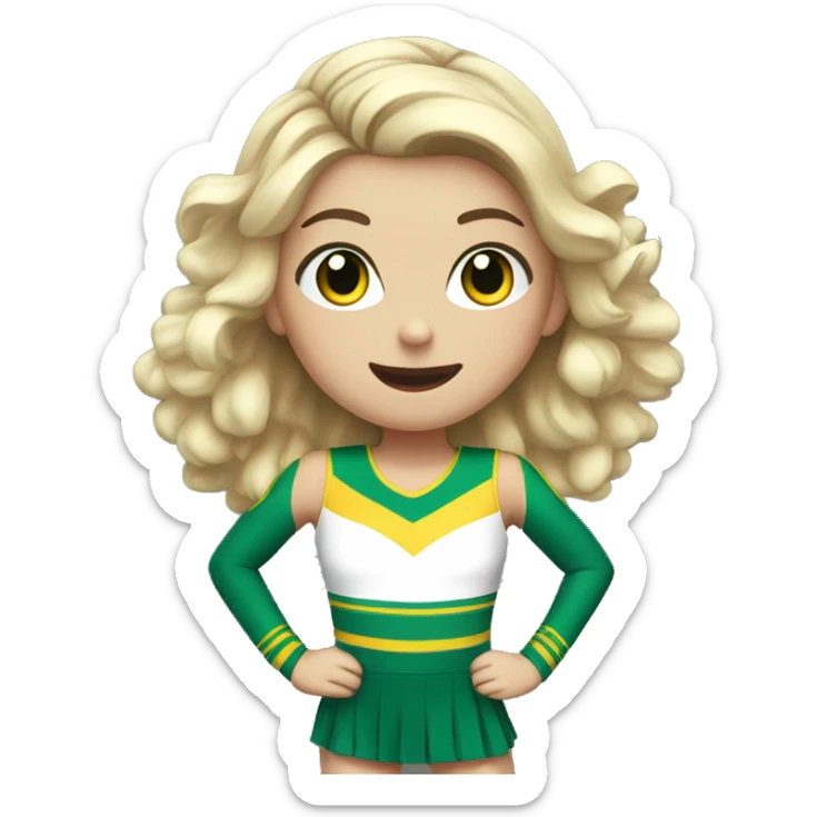 White girl Cheerleader cheering with green and yellow uniform and poms with blue eyes sticker