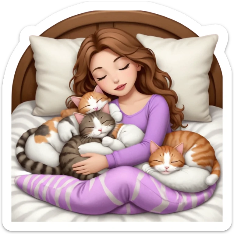 girl with long wavy brown hair, brown eyes, long lashes makeup, sexy pink lips, light to medium complexion,  sleeping on a cozy pillow, with 6 cats: 1 brown and white tabby cat, 1 ginger and white, 2 grey and white, 1 grey with white mittens and small white patch on chest and 1 calico, sleeping sticker