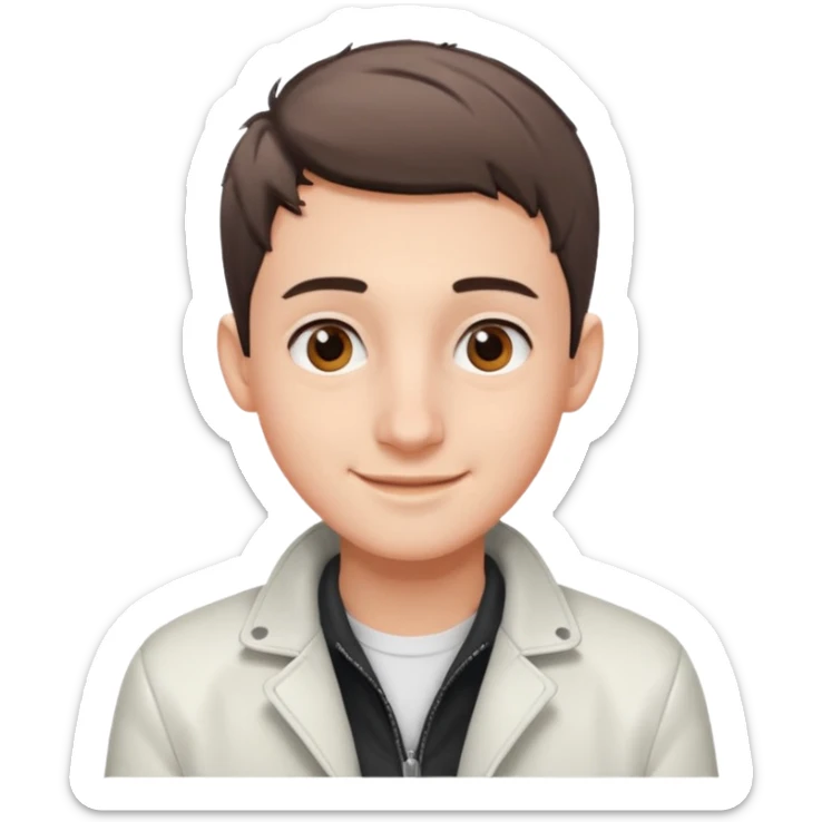 teenage man with very short gradient hair, brown eyes and long lashes, big nose and he is wear a white jacket sticker