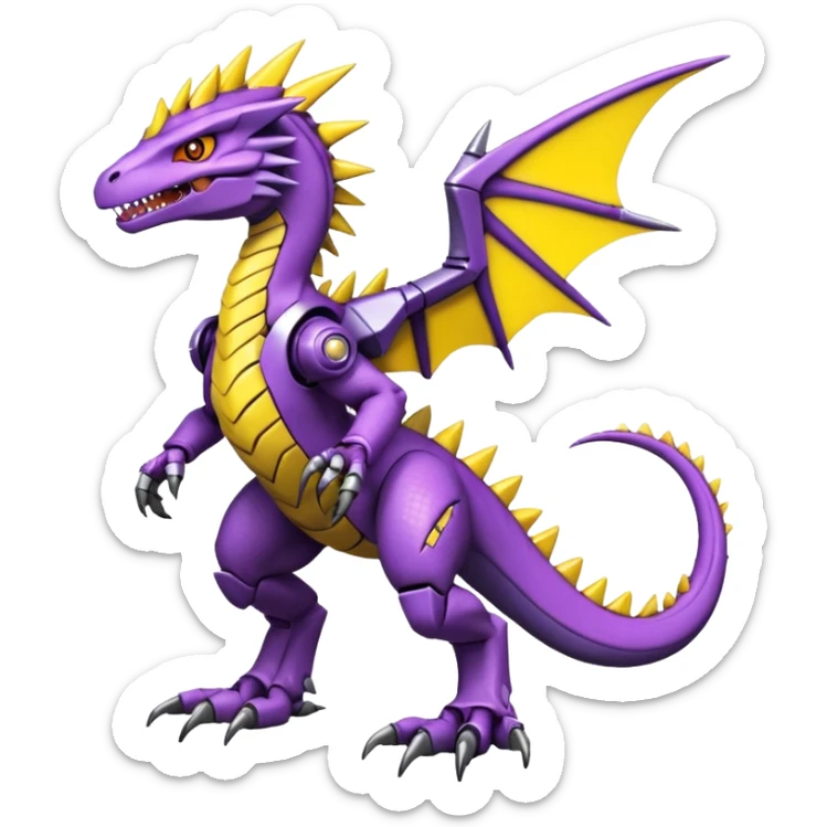 Cool Edgy Purple Yellow Digimon-Fakemon-Guilmon-Velociraptor-Dragon-Mecha full body sticker