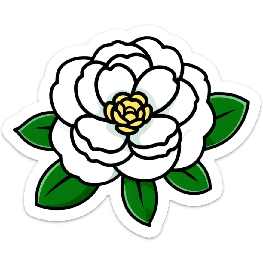 Elegant white camellia flower with symmetrical petals and rich green foliage sticker