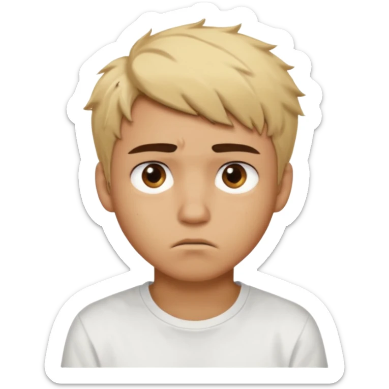 caramel skin color. Teen age. Short buzz, messy blonde hair, dark brown bushy eyebrows large expressive golden-brown eyes, brown skin color, scar over nose, wearing a plain white t-shirt. Disappointed thinking facial expression. caramel skin color. 20 year old male. sticker