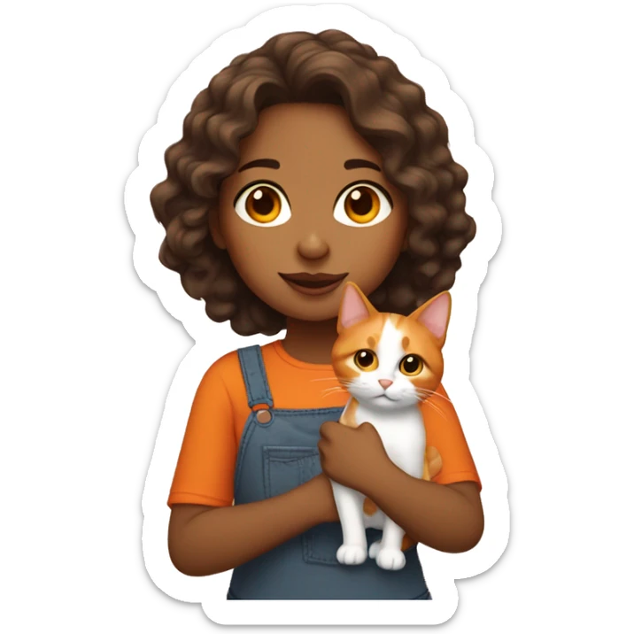 mexican girl with wavy hair, holding a calico/orange mixed cat sticker