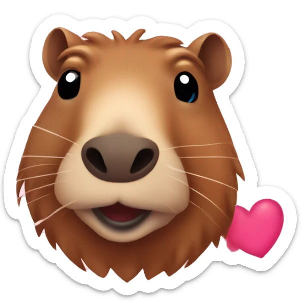 Capibara con cara tierna y ojos brillando con corazones rosas de enamorado alrededor  sticker