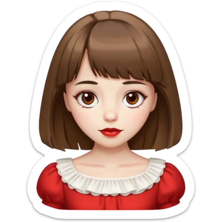 pale girl with chest-length straight brown hair, bangs above the eyebrows covering the forehead, brown eyes, red lips, V-shaped face, small thin nose, almond eyes, wearing a white bouffant dress sticker