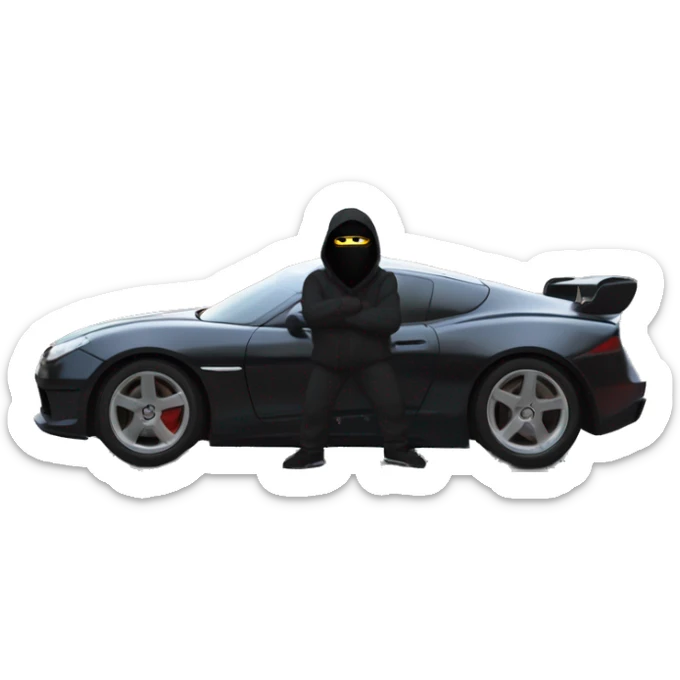 Far POV of a sleek sports car with a white roadman in a black ski mask driving, city streets blurred in the background. The entire car is visible, with the driver seen inside, creating an intense, fast-moving vibe sticker