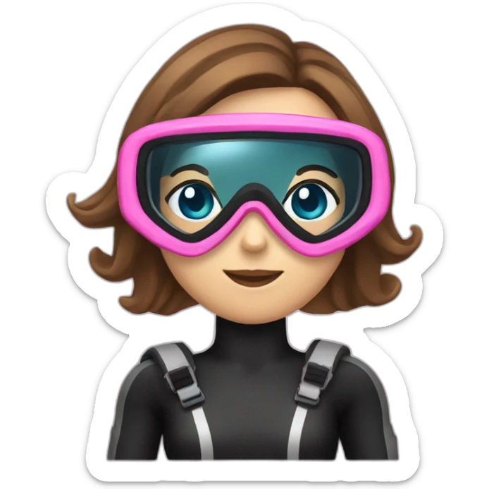 scubadiver woman, with brown and staright hair and black suit and Pink dive mask in her blue eyes sticker