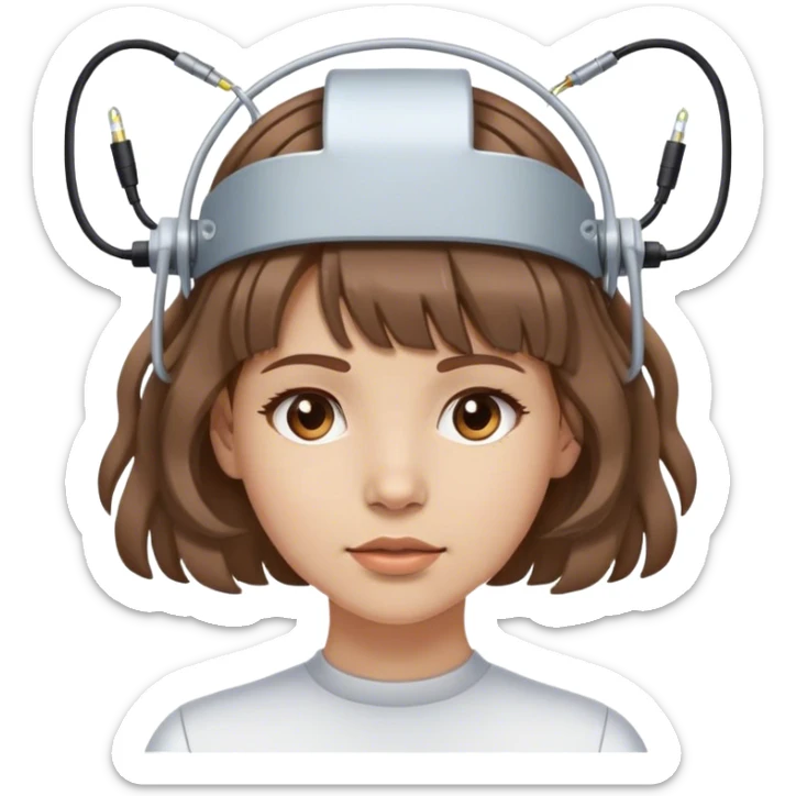 girl with light skin tone wavy brown hair and bangs wearing electrodes and wires on her head  sticker