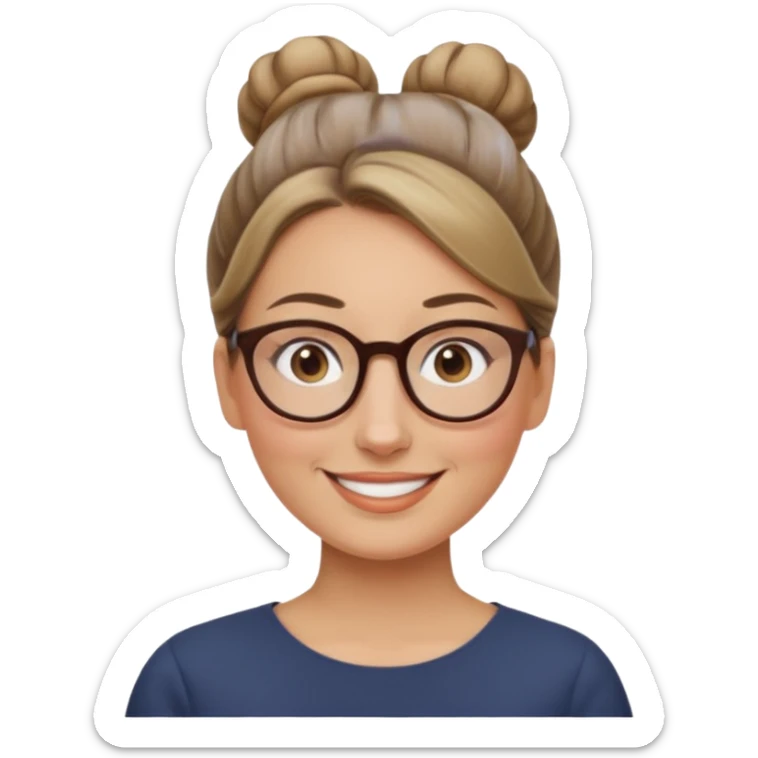 femme de 38 ans avec des cheveux tirés vers l'arrière blond foncé sans mèche devant, un chignon haut, yeux bruns, lunettes rondes, visage ovale sticker
