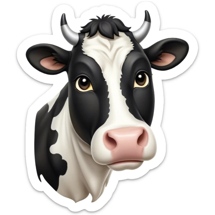 Cinematic Noble Black and White Cow Portrait Emoji, Poised and regal, with a large, sturdy build and a striking, well-groomed coat of pure black accented by crisp white patches, deep-set soulful brown eyes, Simplified yet sharp and sophisticated features, highly detailed, glowing with a soft, dignified glow, high shine, intelligent and calm, stylized with an air of modern elegance, focused and attentive, soft glowing outline, capturing the essence of a watchful and confident bovine guardian, so majestic it feels as though it could stride out of the screen with effortless authority! sticker