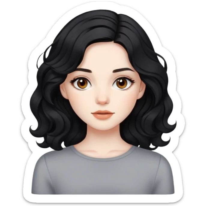 pale skin girl, jet black wavy medium-length hair, brown eyes, with natural warm makeup sticker