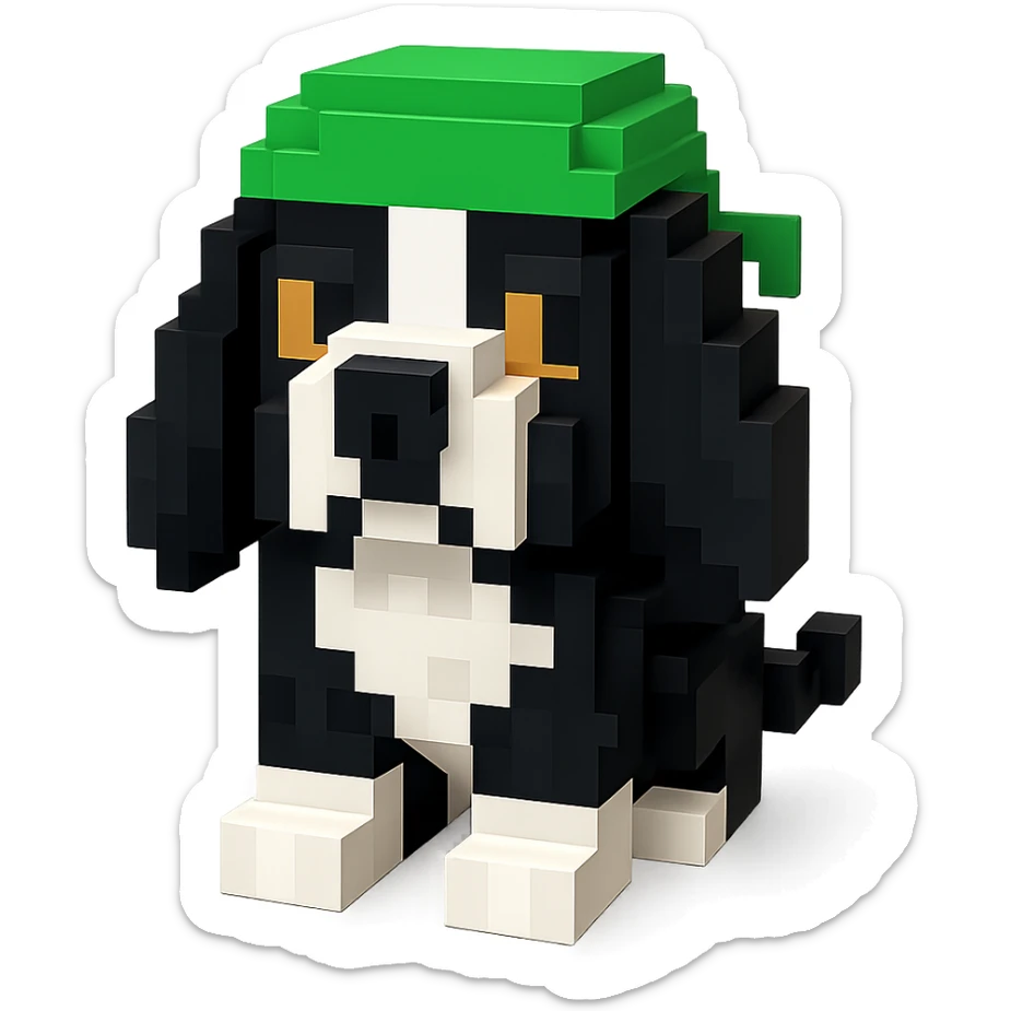A black and white Russian Cocker Spaniel puppy wearing a green durag, facing forward sticker