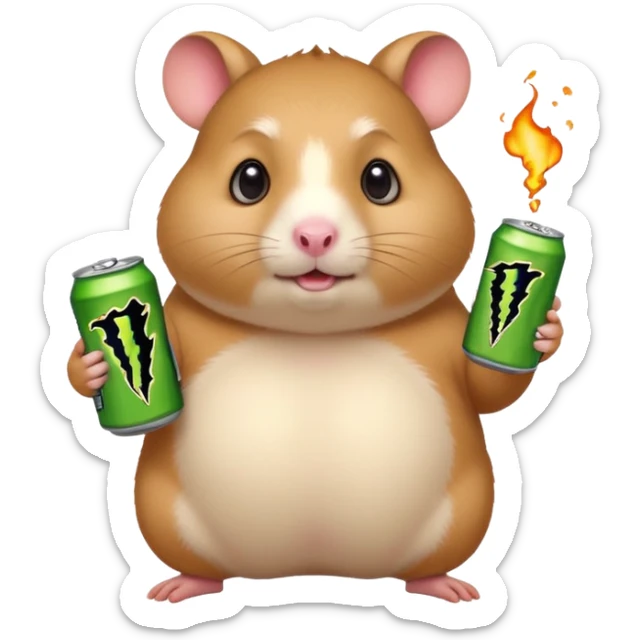 Funny cartoon-style fat hamster wide eyed holding a can of monster energy in one hand and redbull in the other hand sticker