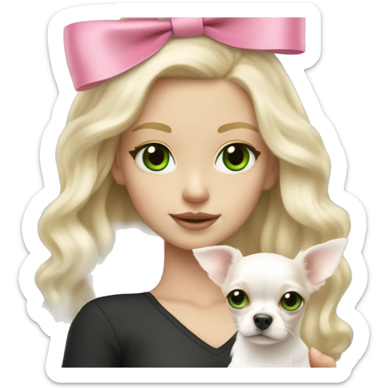 pale blond girl with wavy long platinum hair with green eyes holding a white chihuahua puppy that wearing a pink bow sticker