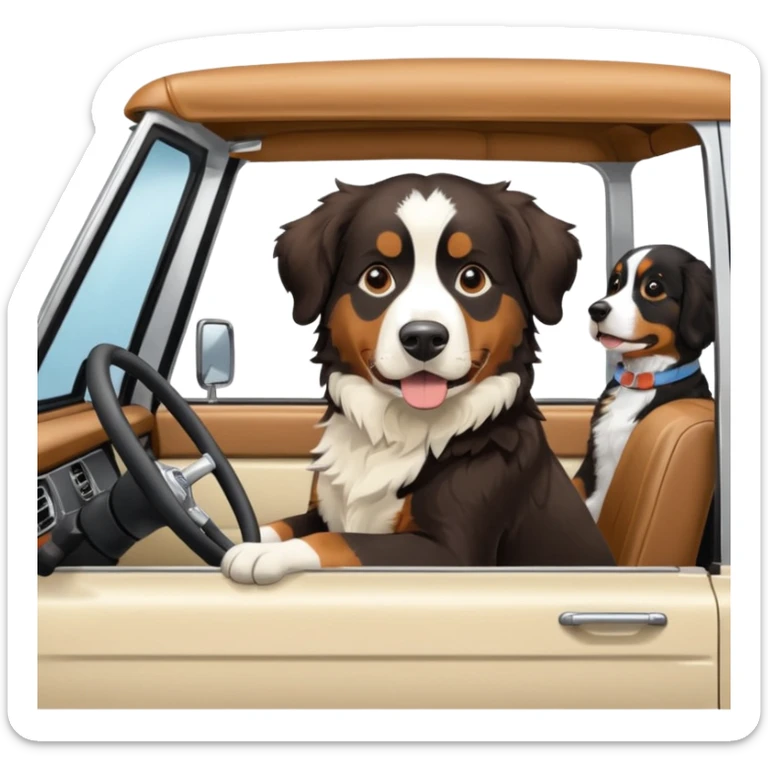 Cream colored ford bronco with no roof and an adult Bernese mountain dog in the seat sticker