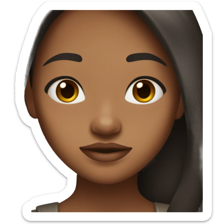 Brown skin girl teen, very black long hair colour, brown eyes, round face shape, sharp nose, lips are small, chubby character, cute face sticker