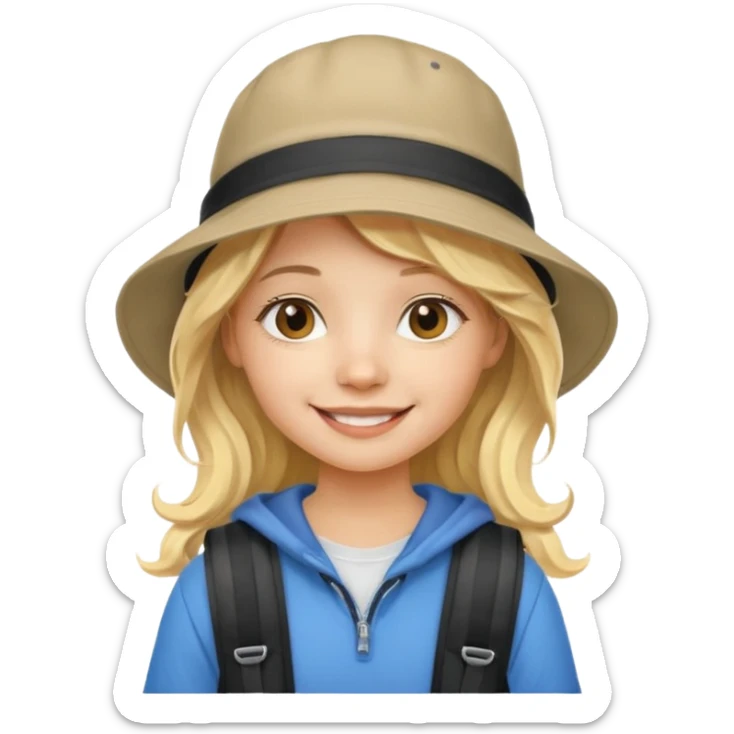 a young student girl with the backpack with bucket hat, blonde wavy long hair sticker
