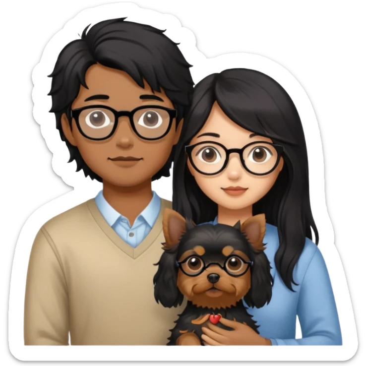 A couple holding a small Yorkshire Terrier together. The girl is Asian with long, luscious wavy black hair (loose, no hair tie). She is next to her boyfriend, a brown-skinned man wearing glasses with a korean haircut sticker
