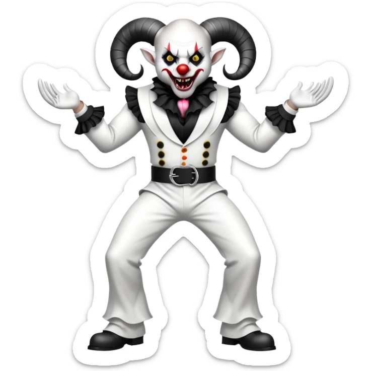 full-body muscular demonic clown in black and white leisure suit with bellbottom pants, bald, black ram horns, flashy black and white belt, ruffled white shirt, no neck tie, large fangs sticker