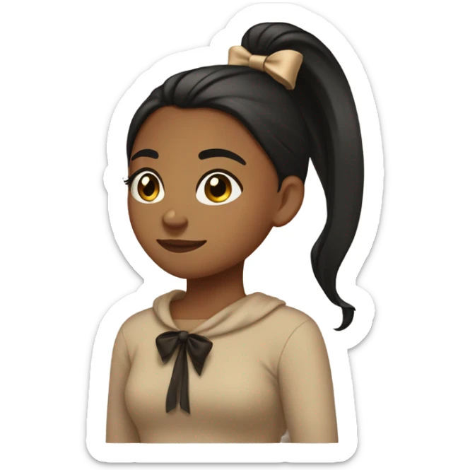 Brown skin girl, one long ponytail with a tan bow in hair, tan sweater, black hair, pretty girl sticker