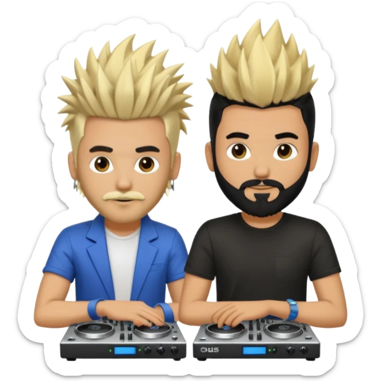 Two male dj’s, one with a long spiky Blonde hair, the second one black short hair and black beard sticker