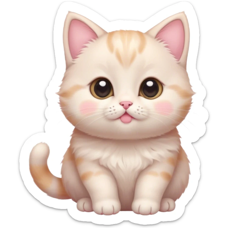 Cinematic chubby pastel kitten, big round eyes full of wonder, tiny paws reaching up, soft fluffy fur glowing in warm light, delicate heart-shaped nose, irresistibly cute and snuggly. sticker