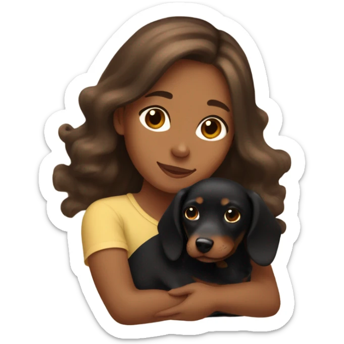 Brown long wavy hair girl cuddling a small brown shorthair dachshund and fluffy black dog sticker
