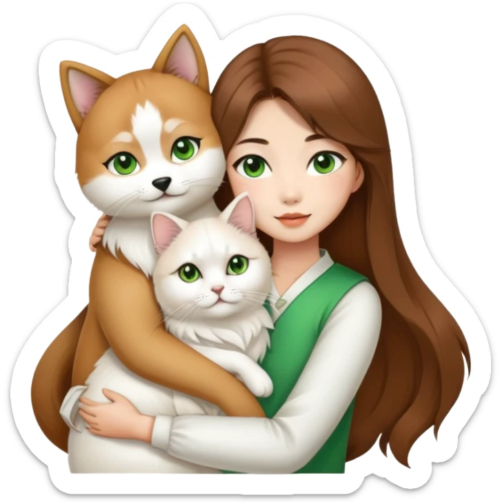 chinese fashion girl has brow hair hugging A Shiba Inu and a long-haired white Persian cat with green eyes. sticker