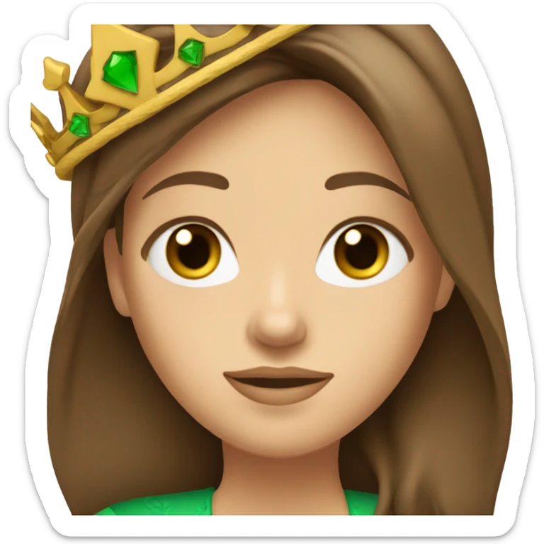 pretty 40 year old royal princess with grass green eyes and shoulder length straight brown hair with crown sticker