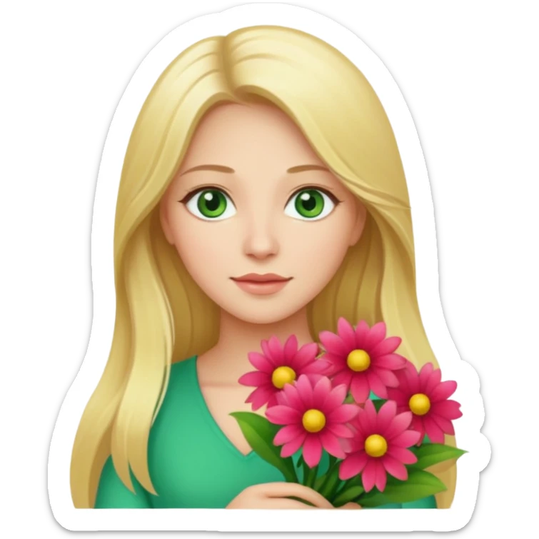 Long blonde haired woman with geen eyes holding a big bouquet of beautiful bright flowers  sticker