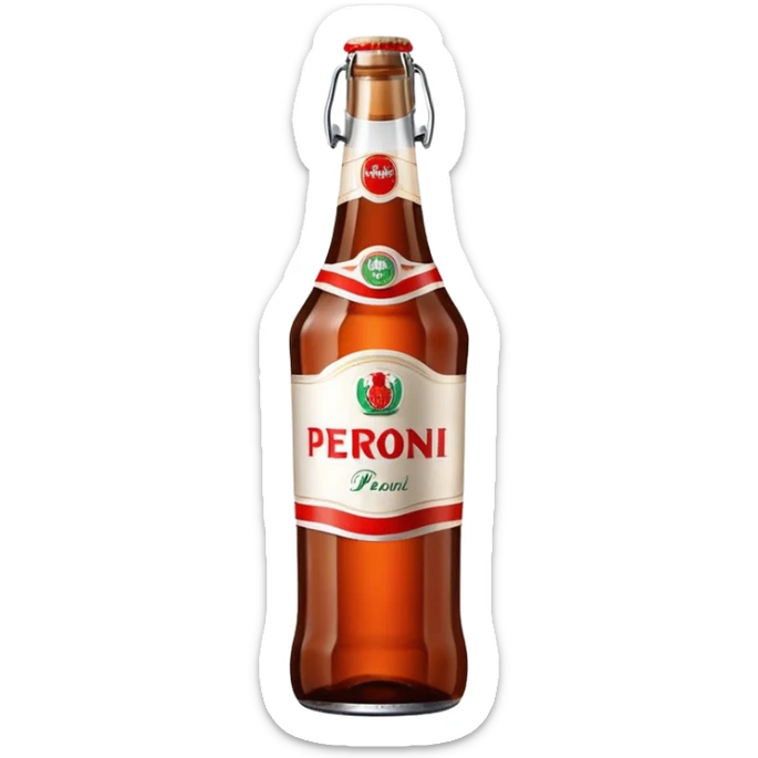 Glass bottle Peroni with red marketing tape and a brown glass bottle color sticker