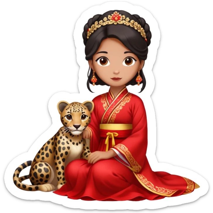 A beautiful girl in red Hanfu wedding dress sits on the ground holding a black leopard sticker