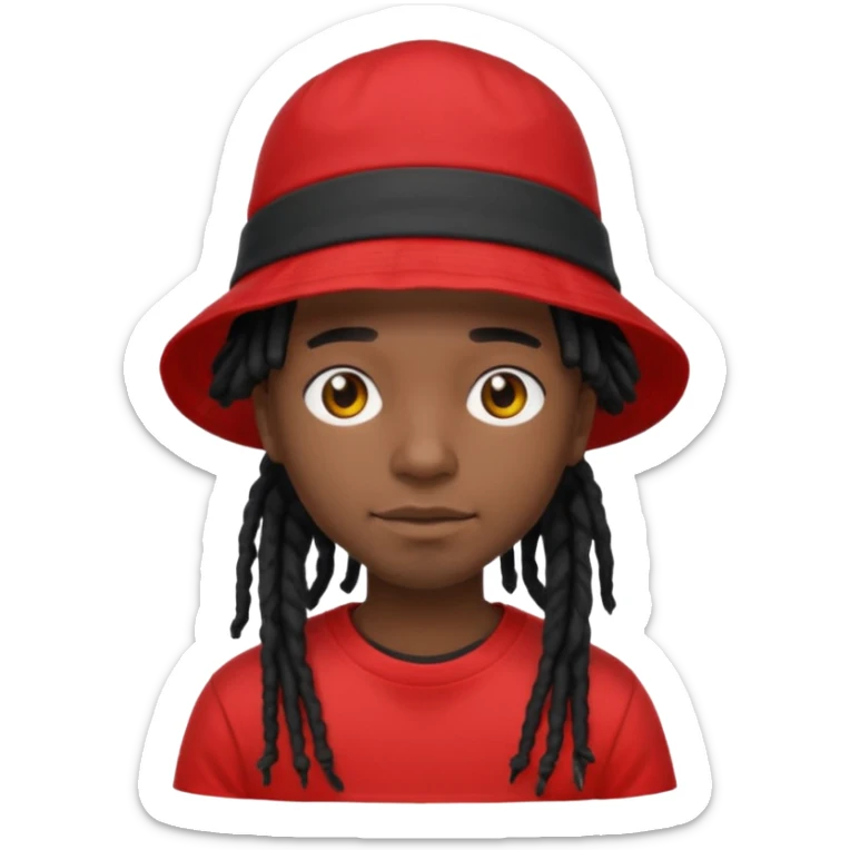 dark brown skin, black hair dreadlocks, wear red t-shirt, black bucket hat sticker
