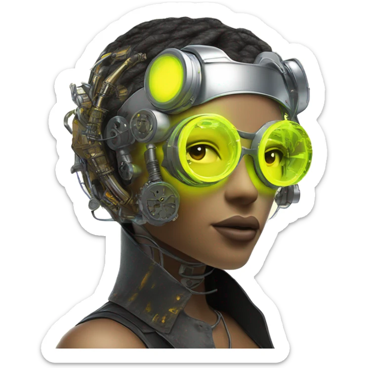 Neon yellow bobbed hair Latina female cyborg head with silver steampunk goggles and circuits sticker