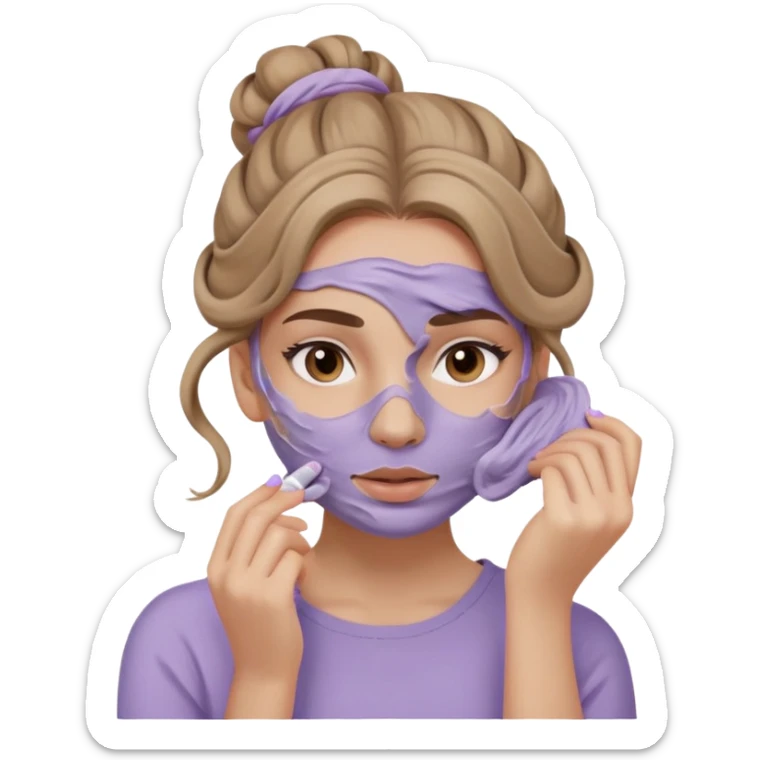 caucasian girl with long wavy dark blonde hair in messy bun applying skincare lilac colored clay mask covering face sticker