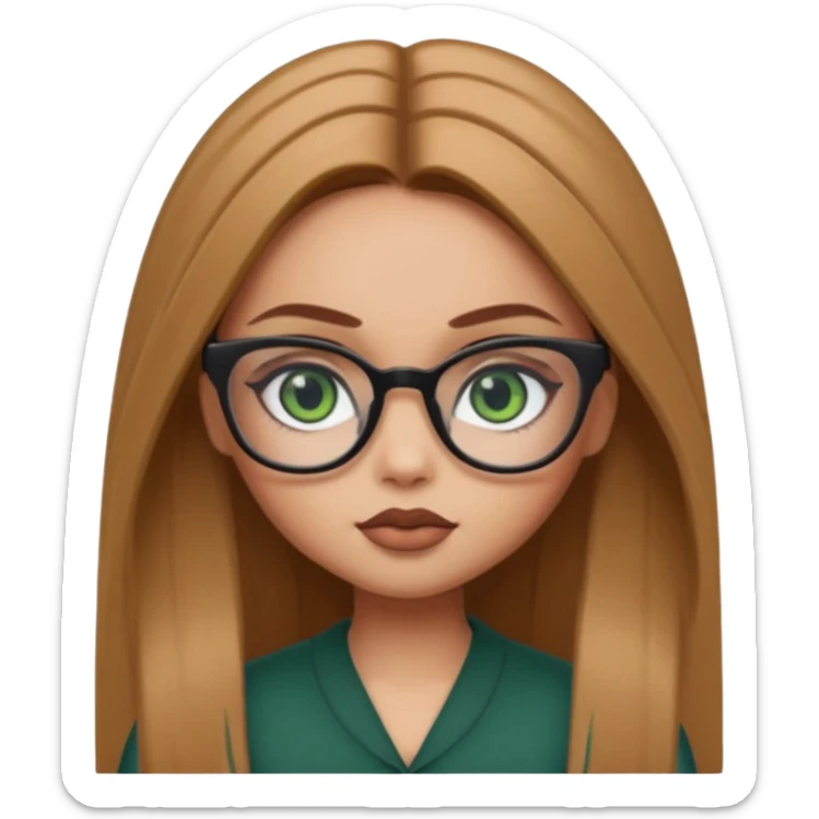 pretty bratz baddie, light brown straight hair, dark green eyes, glasses, pretty eyeliner sticker