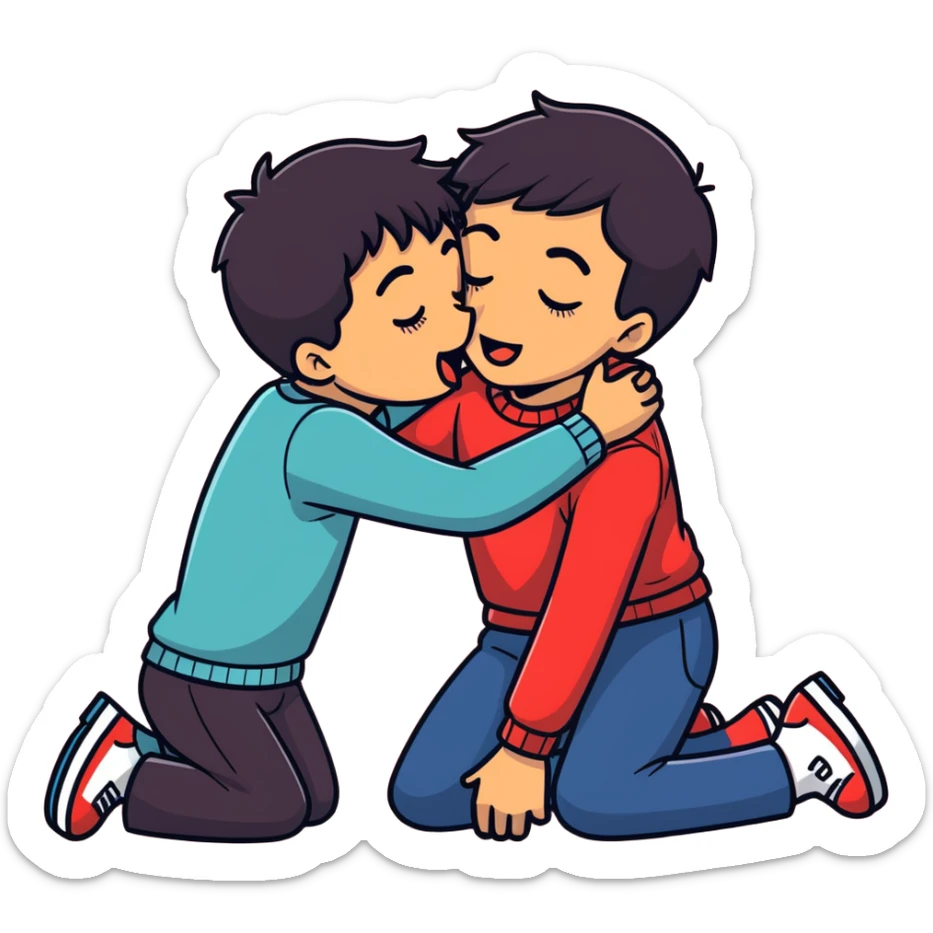 White adult male dark hair open mouth tongue kissing dark skin  adult male,  naked, sexual touching, in love with each other, hugging.. on the floor sticker