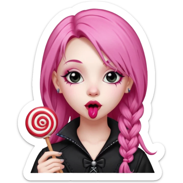 Cute Goth girl with long pink hair licking a lolli sticker