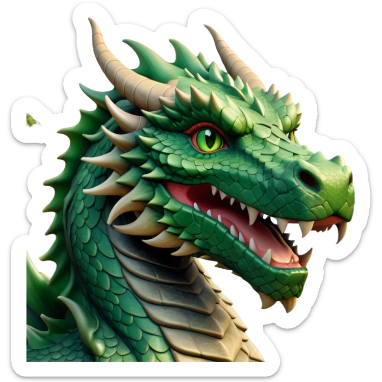 Cinematic Noble Giant Green scaled Dragon Portrait Emoji, Poised and awe-inspiring, with a massive, rugged form carved from ancient stone, featuring intricately textured scales that resemble weathered granite and basalt, and piercing, stony eyes echoing the strength of timeless mountains; rendered with lifelike detail and earthy natural highlights, high shine, formidable and grounded, styled with an aura of primordial majesty, focused and resolute, soft glowing outline, capturing the essence of an enduring rock titan ready to surge from the screen with ageless power! sticker