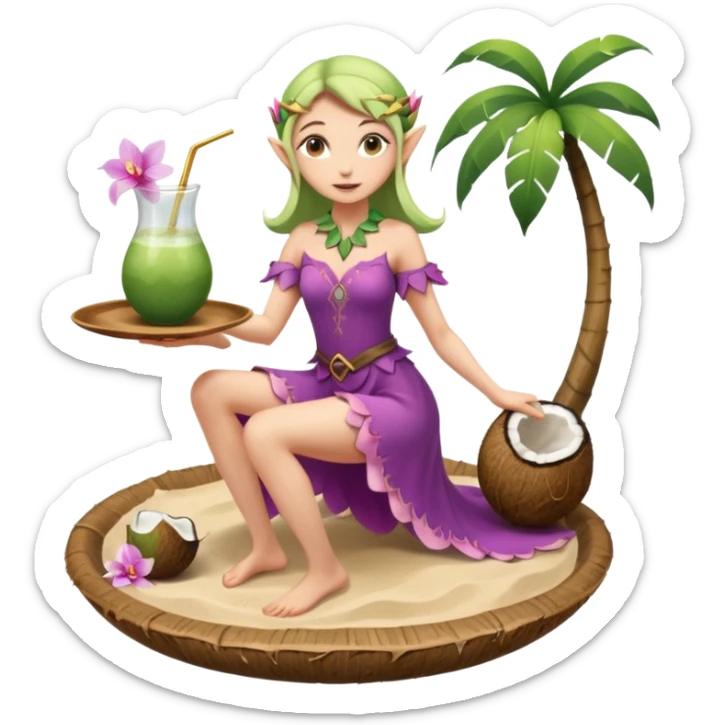 female elf in orchid-petal dress, balancing coconut drink tray. Barefoot on sand sticker