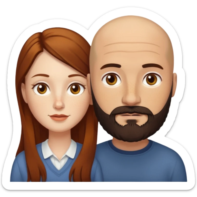 Couple. Bald man with dark brown-black beard. White woman with many small, faded freckles, she has white skin and she has auburn-yellow-brown-cinnamon, dark long hair. She has light brown eyes. The man have hazel eyes. Retro style. sticker
