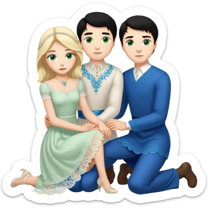 King, man, black Hair, blue eyes, whole body, Woman, bending knees, blonde, green eyes, White Dress, sticker