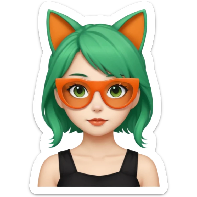 cute woman with a top brown ponytail a dyed bottom green hair with cat ears matching the hair color [neko] with orange shutter shades and a black dress sticker
