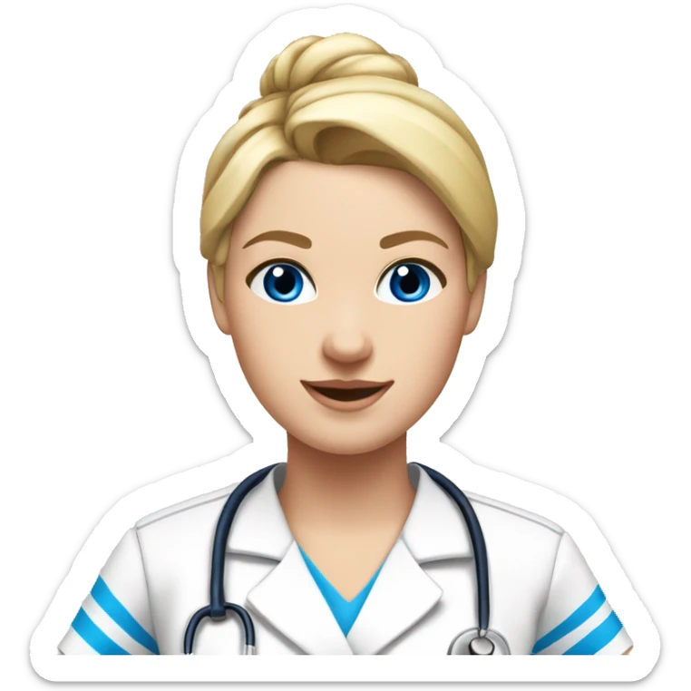 Do a nurse in a white kasack with Blue stripes on, blonde hair,Blue eyes and a sleek bun sticker