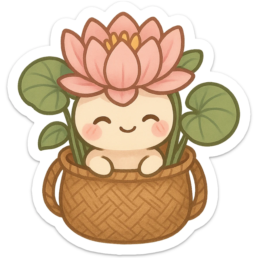 mascota para proyecto productivo, lirio de agua sentado dentro de un bolso artesanal, expresión dulce y acogedora, detalles de hojas y tejido sticker