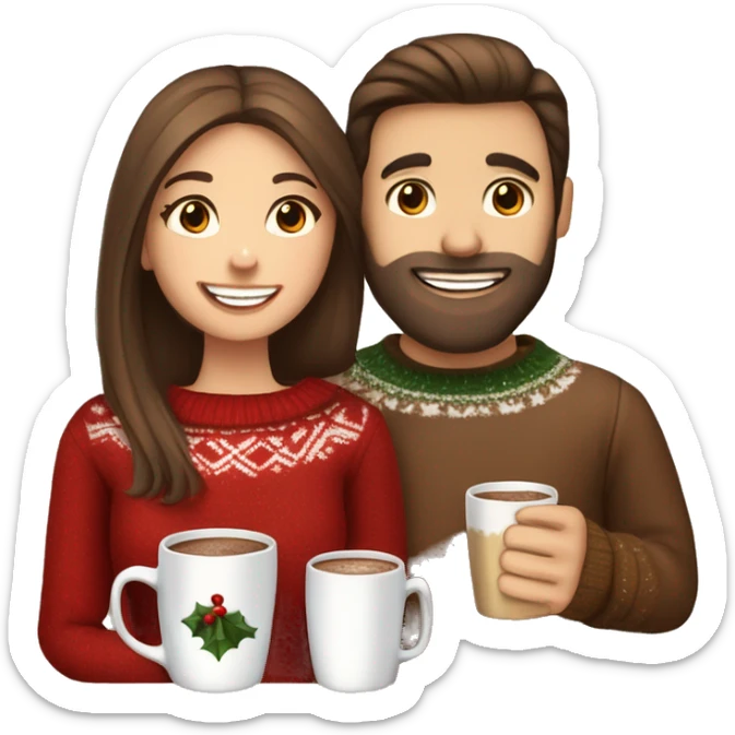 White couple, girl with long straight brown hair and boy with brown hair and beard, christmas sweaters, celebrate, hot chocolate sticker
