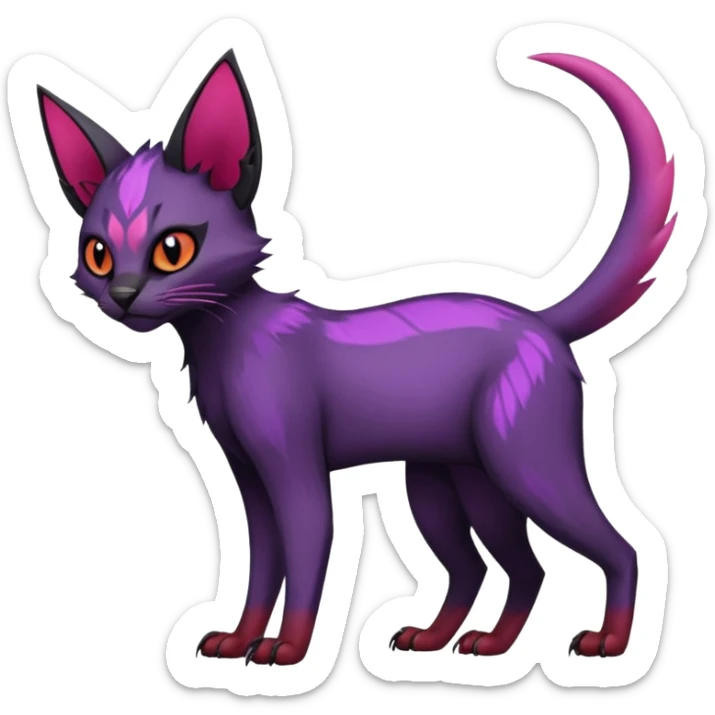 Black edgy Noibat-Purloin-Torracat-Lykoi-Caracal-cat-Fakemon-fusion-hybrid-creature with violet and red scale markings sticker
